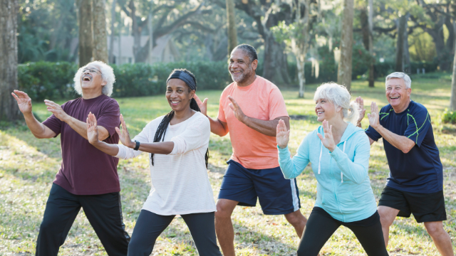 Group of diverse seniors doing tai chi in park